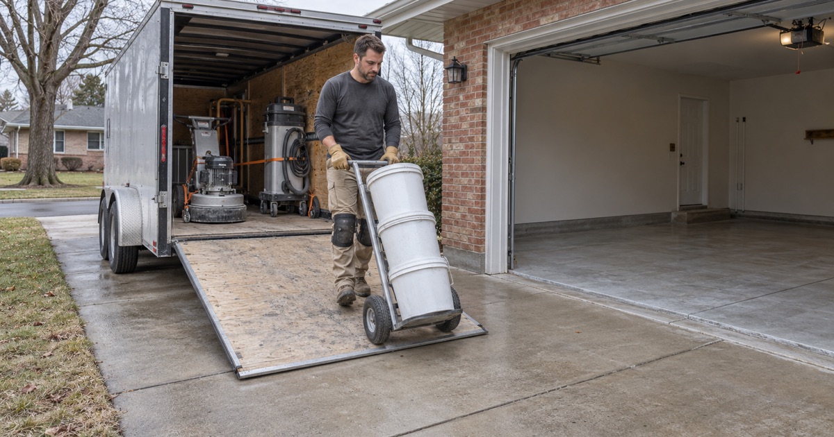 Unlabeled coating pails rolled down a trailer ramp on a hand truck at the start of a Janesville garage job.