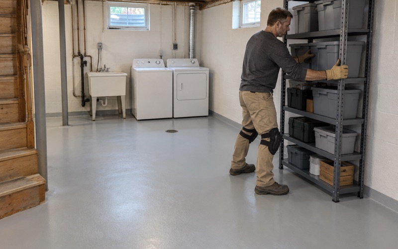 A light gray epoxy basement floor in a Janesville ranch, a steel shelving unit eased back into place on the finished coating.