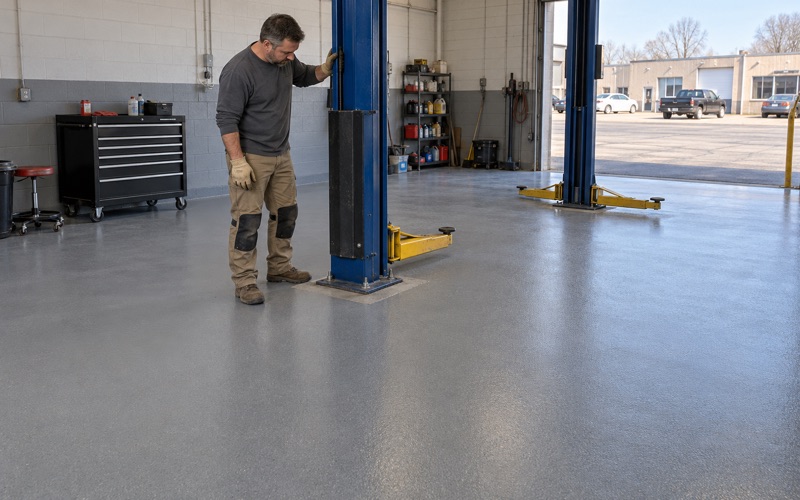 A coated service-bay floor around a two-post lift in a Janesville auto repair shop.