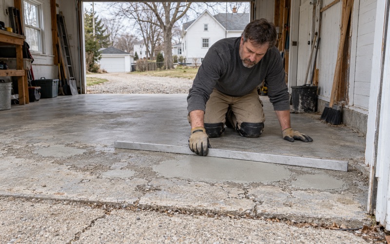 Salt-pitted spalls at a Janesville garage door filled with repair mortar and checked flush before coating.