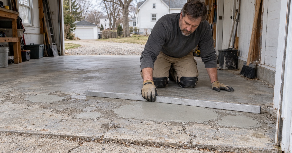 Salt-pitted spalls at a Janesville garage door filled with repair mortar and checked flush before coating.