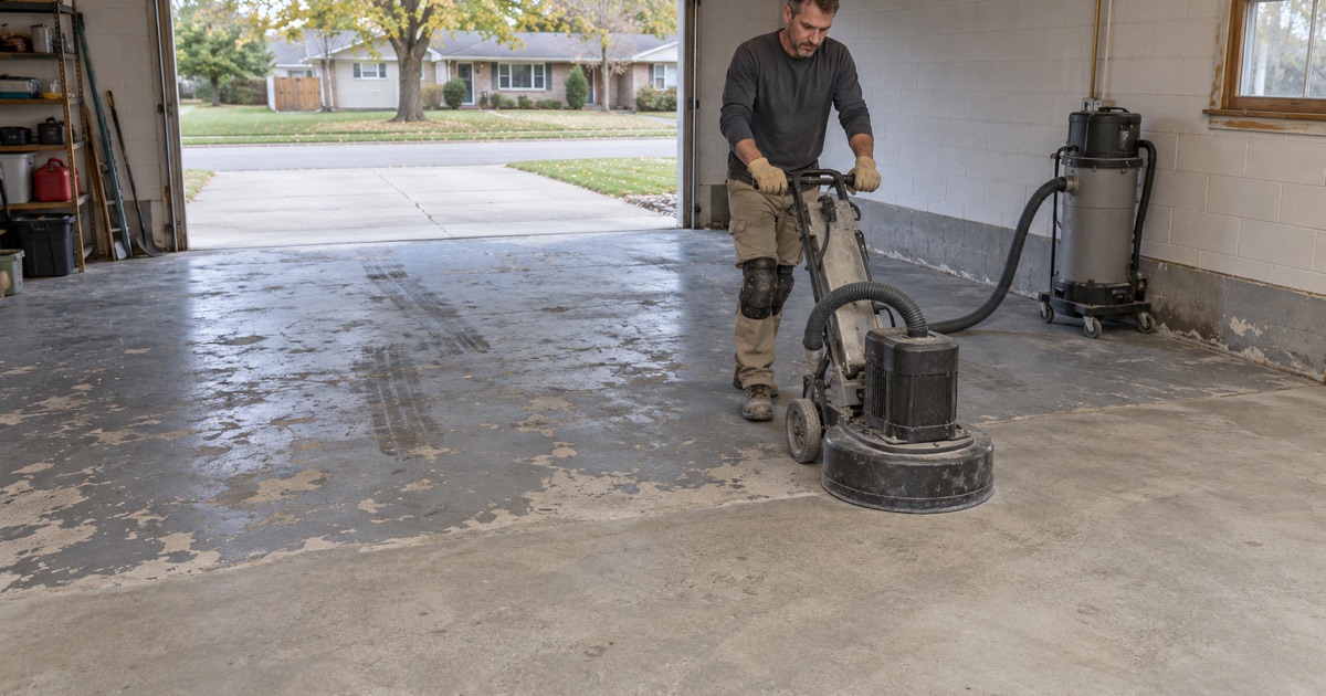 A walk-behind planetary grinder taking old peeling paint off a Janesville garage slab, half the floor already open.