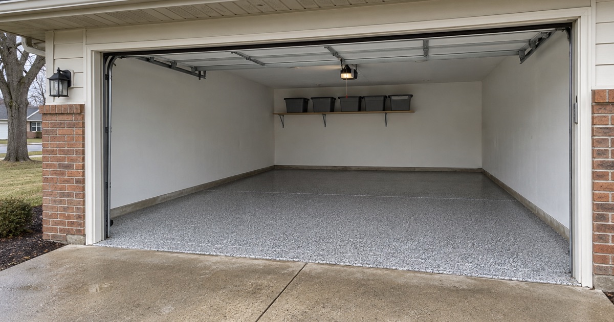 A finished gray flake garage floor seen from the driveway of a Janesville ranch house.