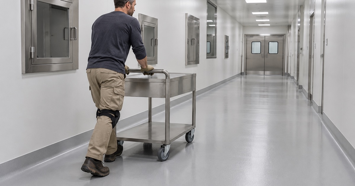 A seamless coved resin floor in a production corridor of a Beloit isotope manufacturing building.