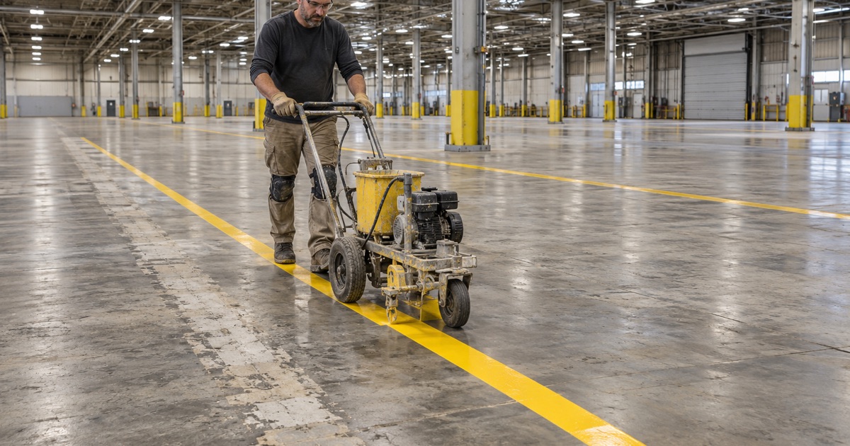 A new aisle line laid on a large assembly plant floor in Belvidere, the ghost of an old ground-off line beside it.