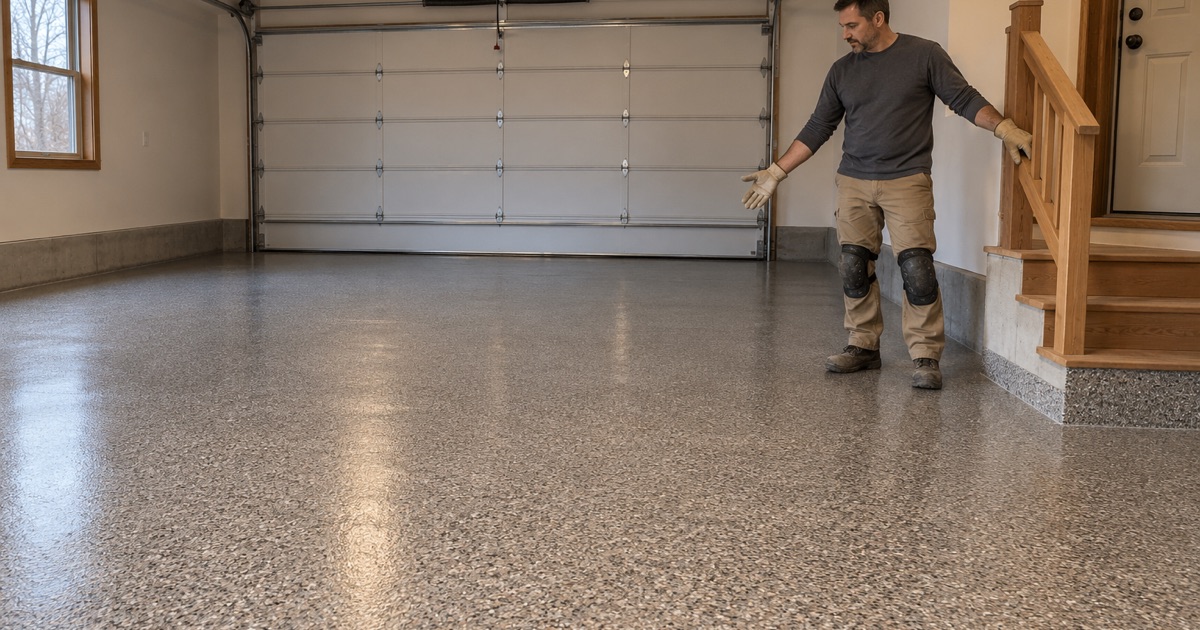 A newly coated garage floor curing in a closed-up Delavan Lake second home between bookings.