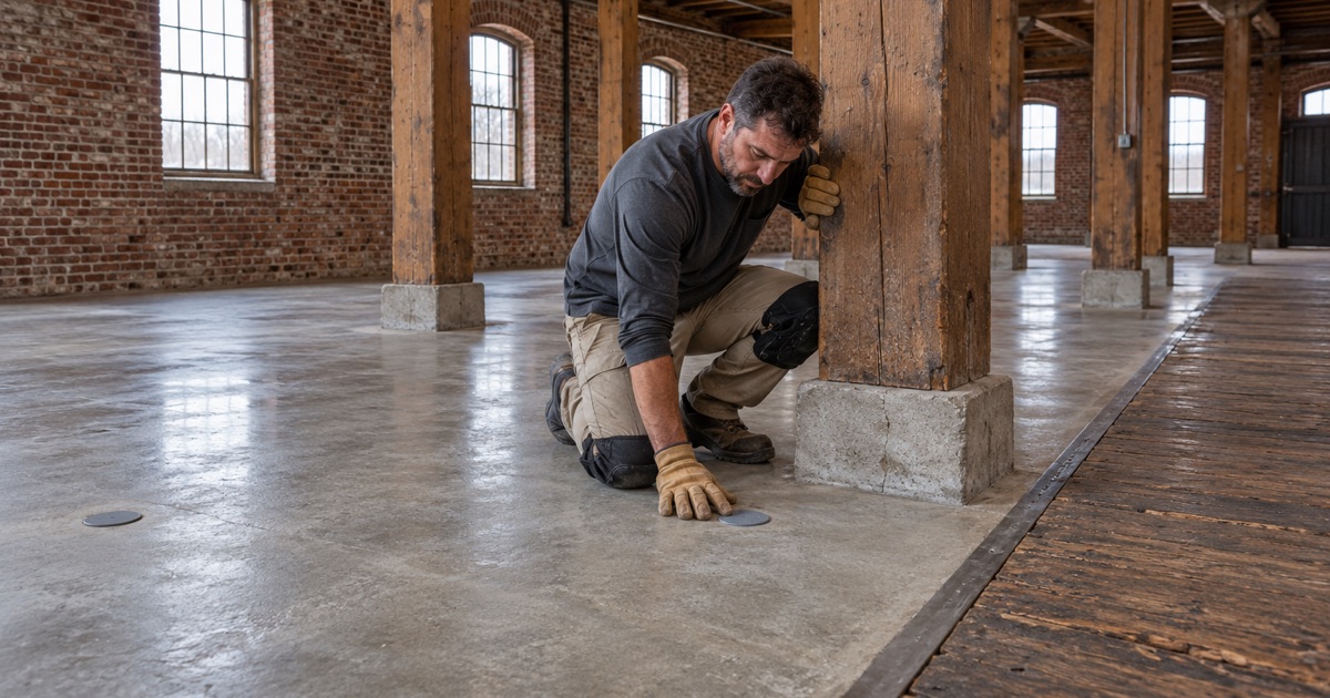 Relative humidity probes set into the concrete slab of a converted tobacco warehouse in Edgerton.