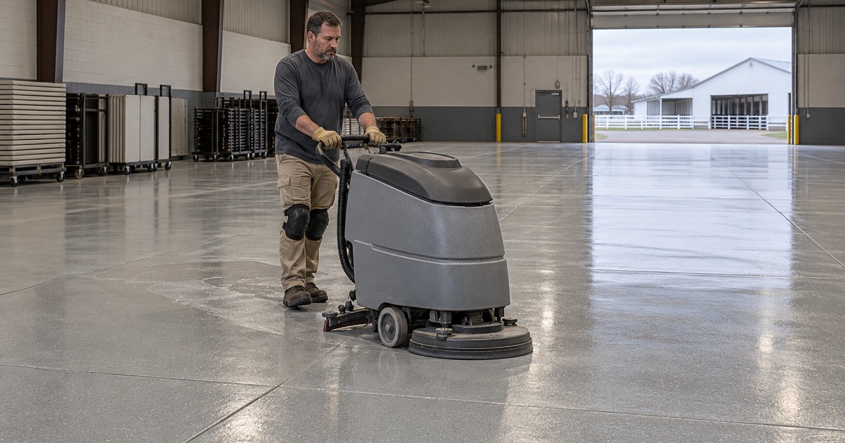 A coated exhibition hall floor at the fairgrounds in Elkhorn, scrubbed clean between events.