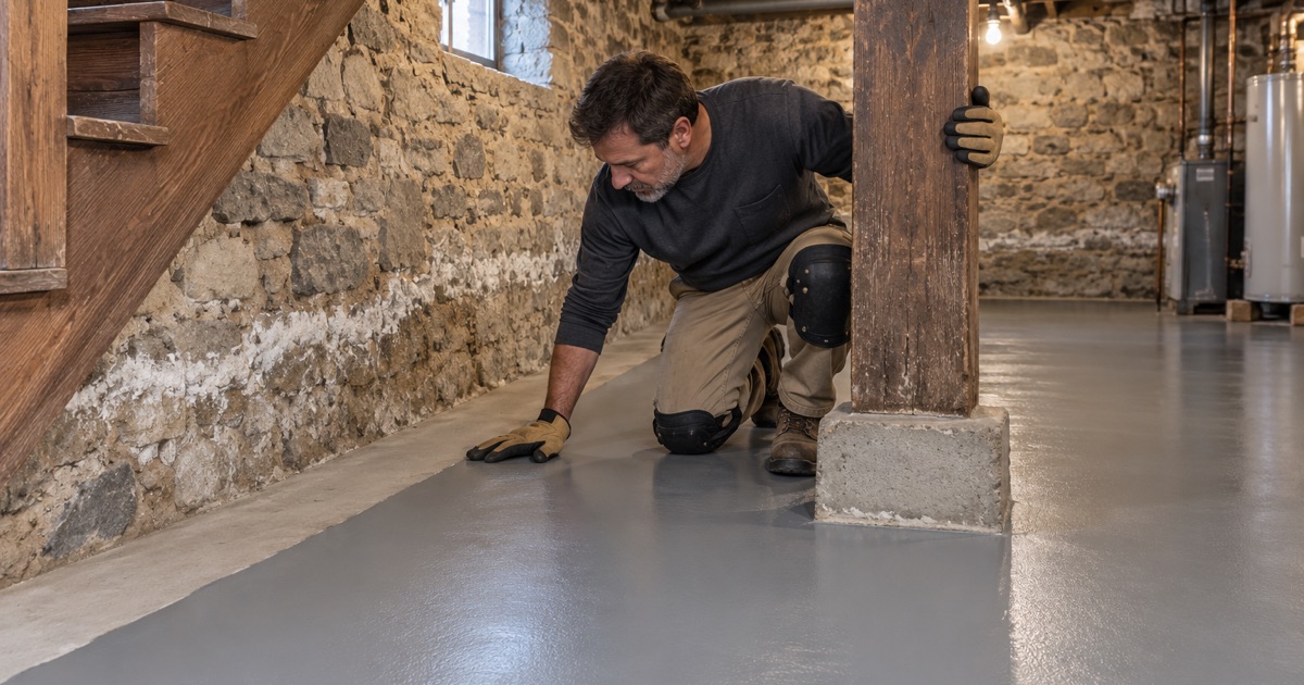 A gray epoxy floor in the stone-walled basement of a historic Evansville house