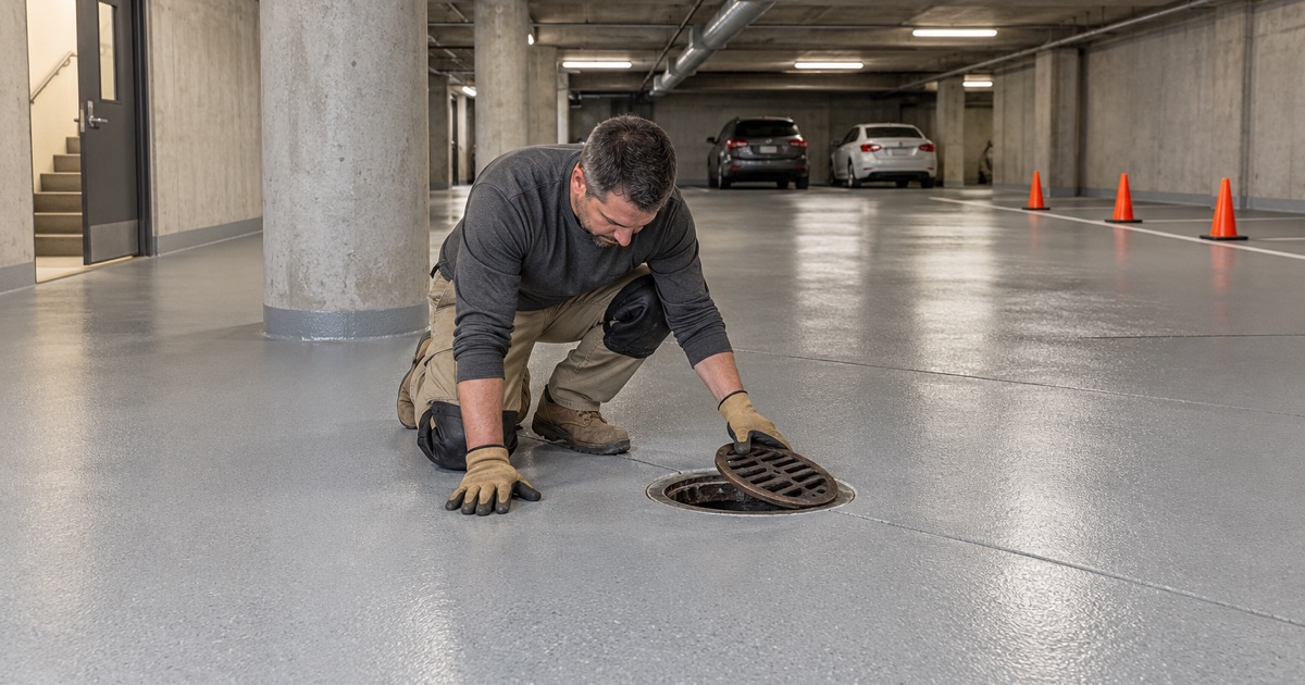 A coated floor in the underground parking garage of a Fitchburg apartment building, sloped to its floor drain.