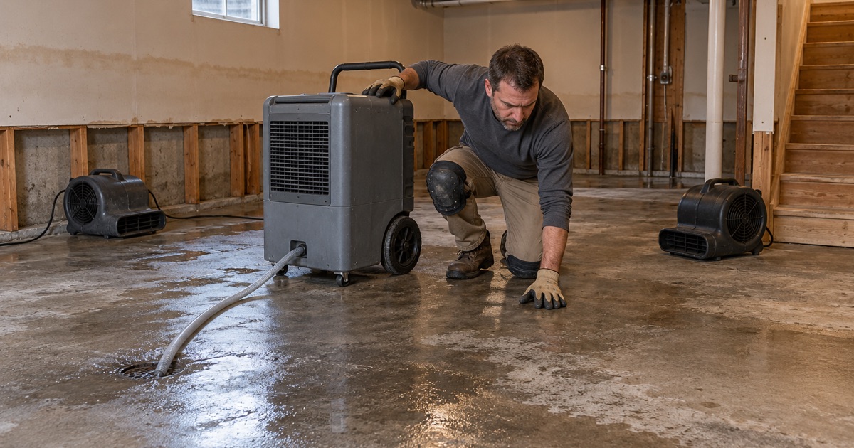 A basement slab in Fort Atkinson drying under a dehumidifier and fans after river flooding, before any coating.