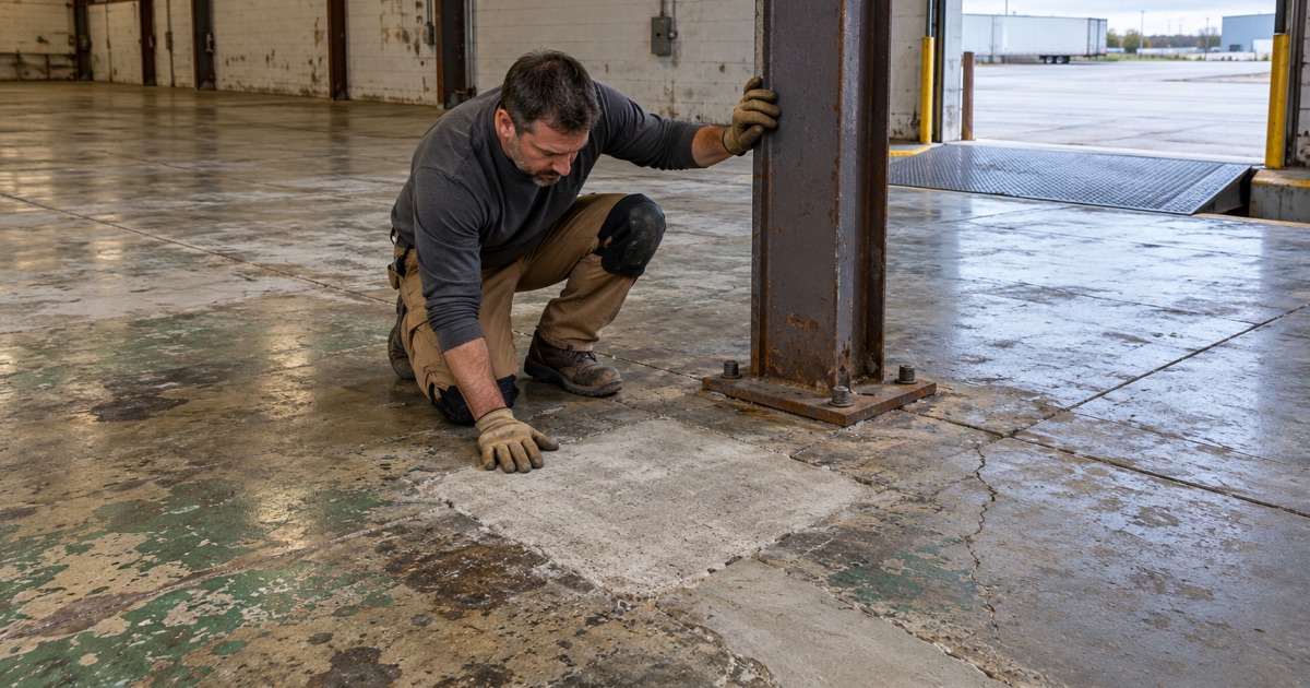 An old warehouse slab in Jefferson read for coatings, stains and patched trenches before a new floor is quoted.