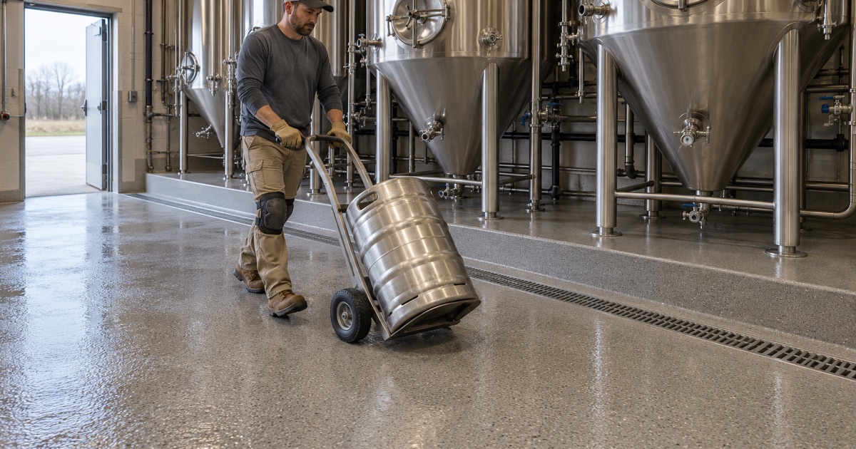A stainless keg rolled across a quartz urethane cement brewhouse floor in Lake Mills toward its trench drain.