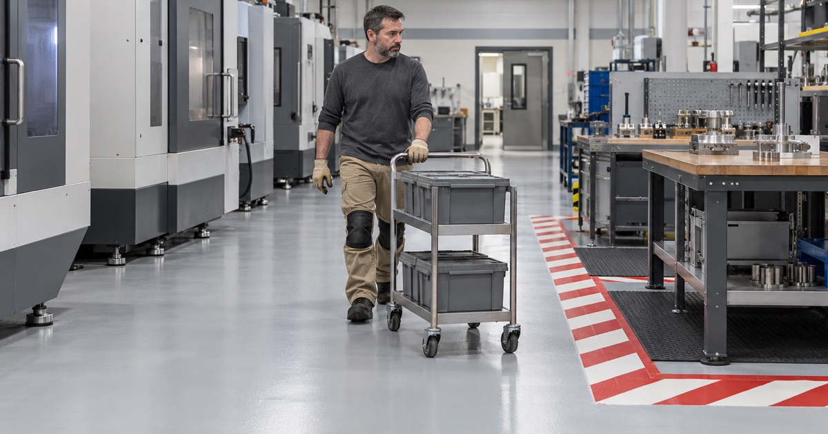 A parts cart rolled past a striped foreign-object-debris zone on a smooth coated aerospace shop floor in Loves Park.