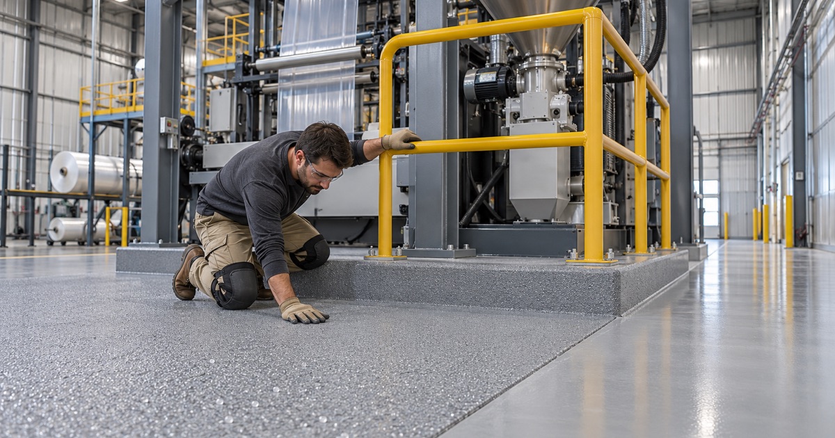 A textured floor zone around a film extruder in a Milton plant, beside a smooth sweepable aisle.