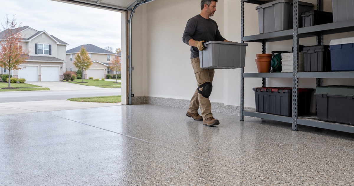 A coated attached garage floor in an Oregon side-by-side home
