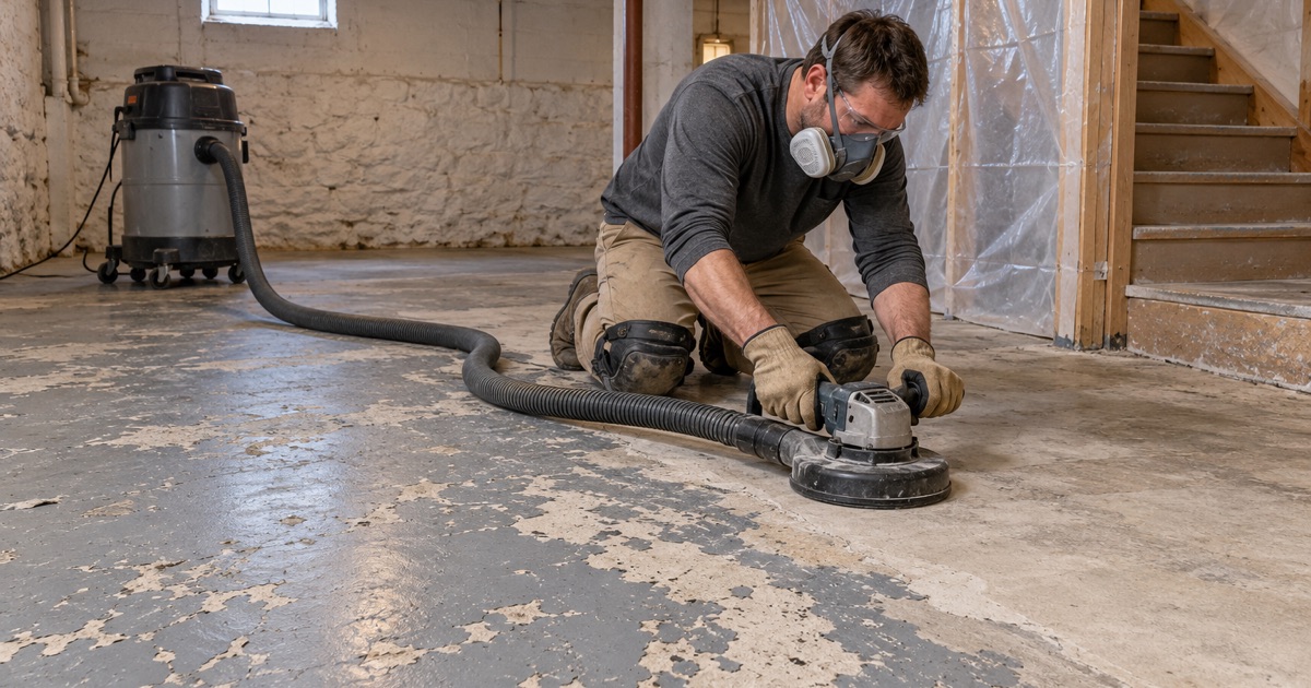 Old painted basement floor ground off under a shroud with a HEPA vacuum in a pre-1978 Rockford house.