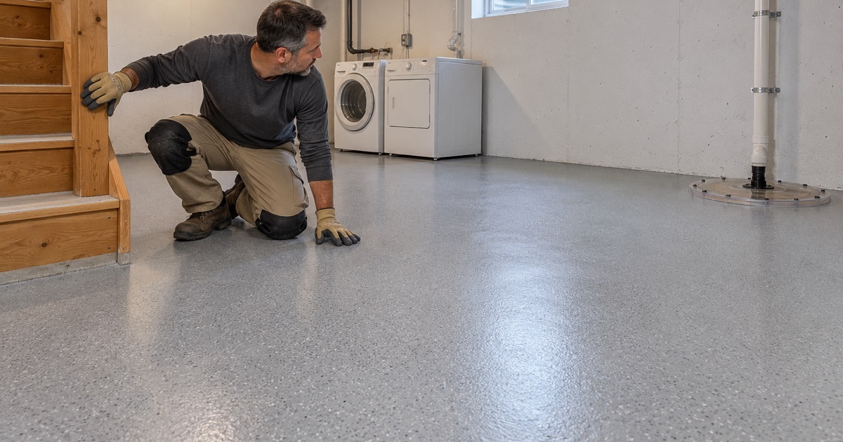 A coated basement floor in a newer Roscoe home, sealed around the sump lid and vent pipe