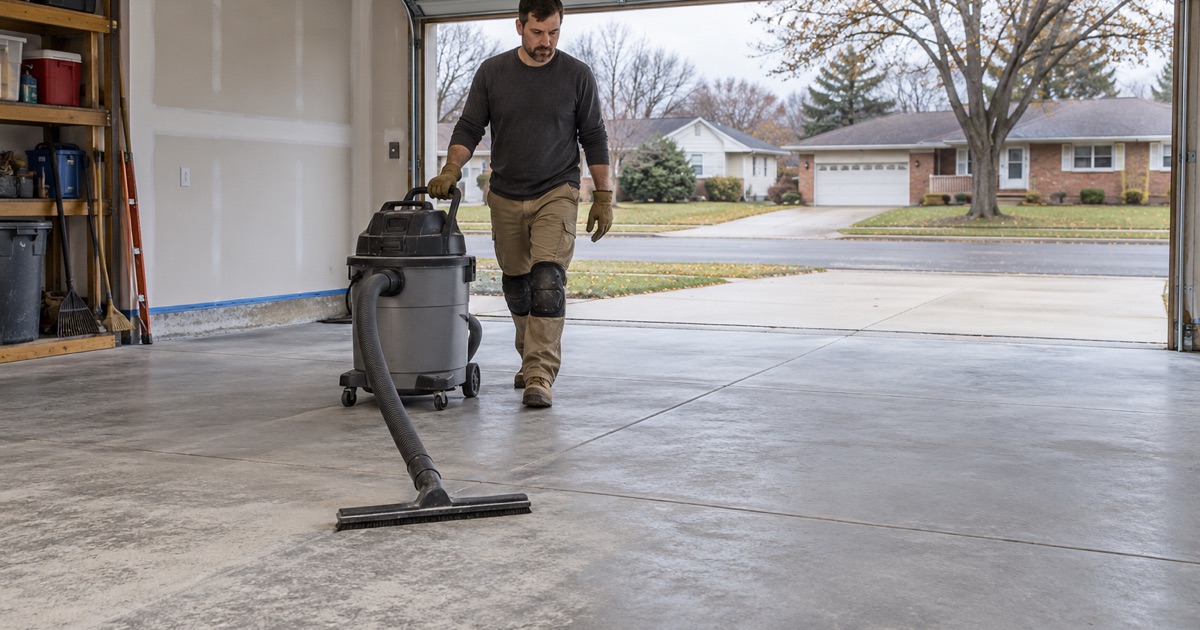 A South Beloit attached garage slab cleaned after grinding, ready for its coating