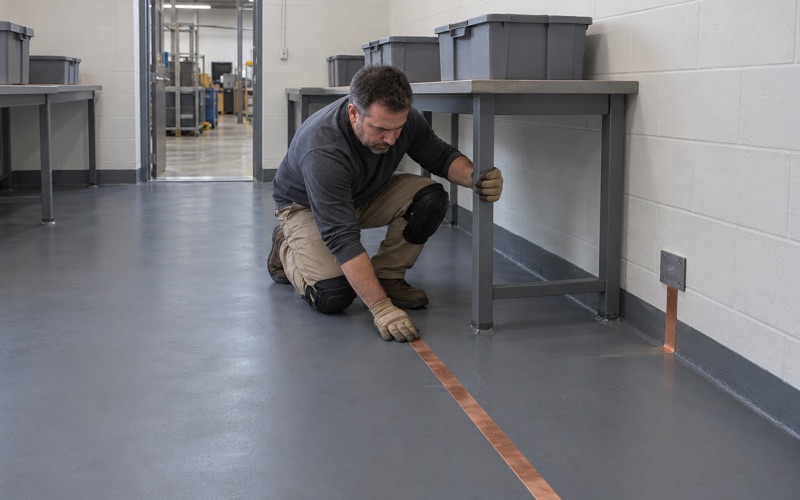 Copper grounding strip laid on a primed floor before the static-dissipative topcoat in a Janesville electronics room.