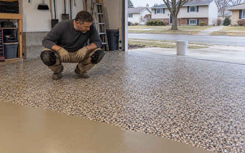 A dense flake broadcast checked at its working edge in the garage of a Janesville split-level.