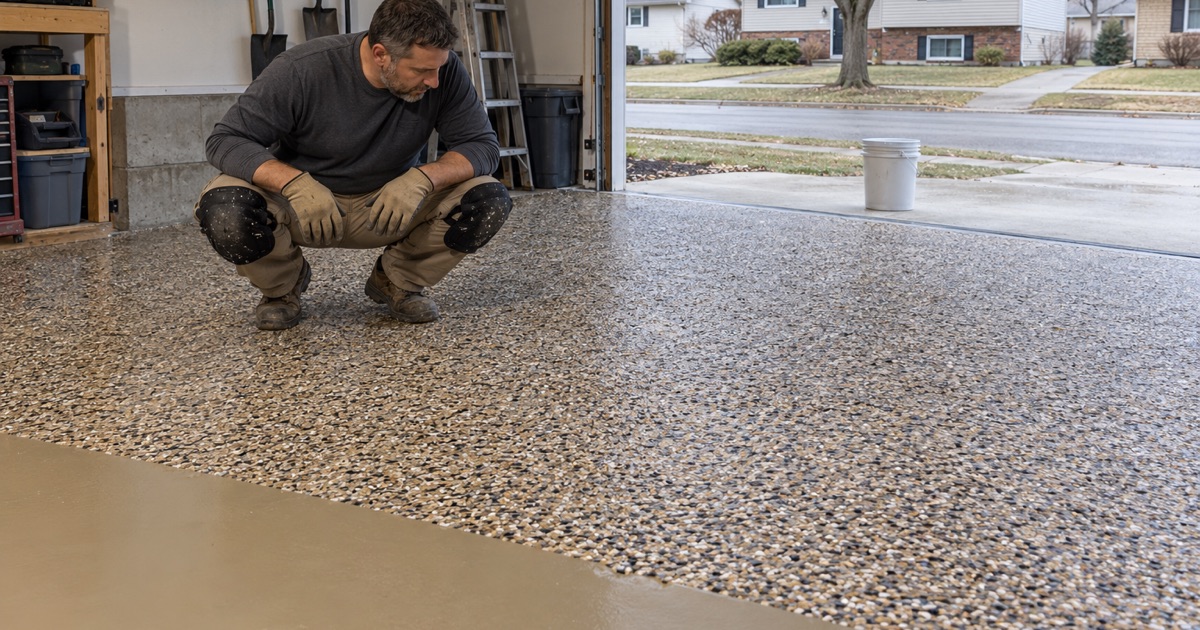 A dense flake broadcast checked at its working edge in the garage of a Janesville split-level.