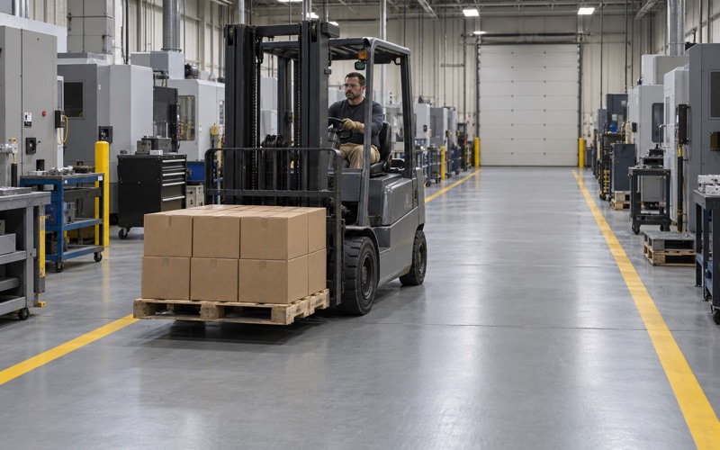 A forklift carrying a pallet onto a new heavy-duty coated floor in a Janesville manufacturing plant.
