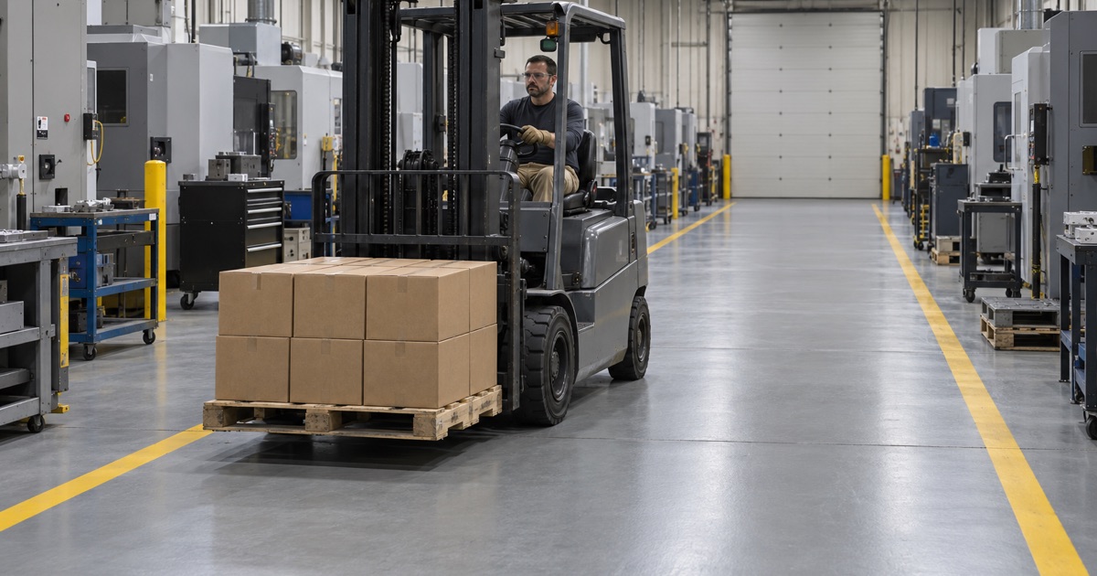 A forklift carrying a pallet onto a new heavy-duty coated floor in a Janesville manufacturing plant.