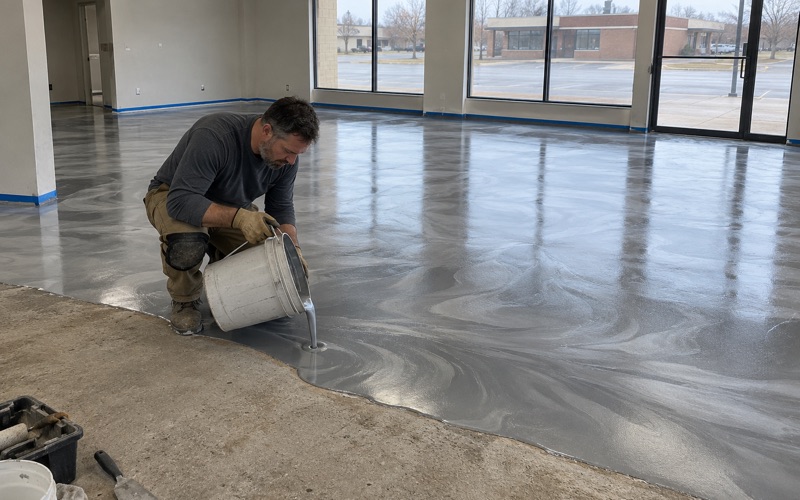 Pearl and charcoal metallic epoxy poured across the floor of a small Janesville showroom, pigment still moving.