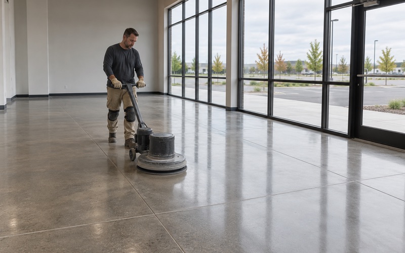 A high-speed burnisher bringing up the shine on a polished concrete floor in a new Janesville flex building.