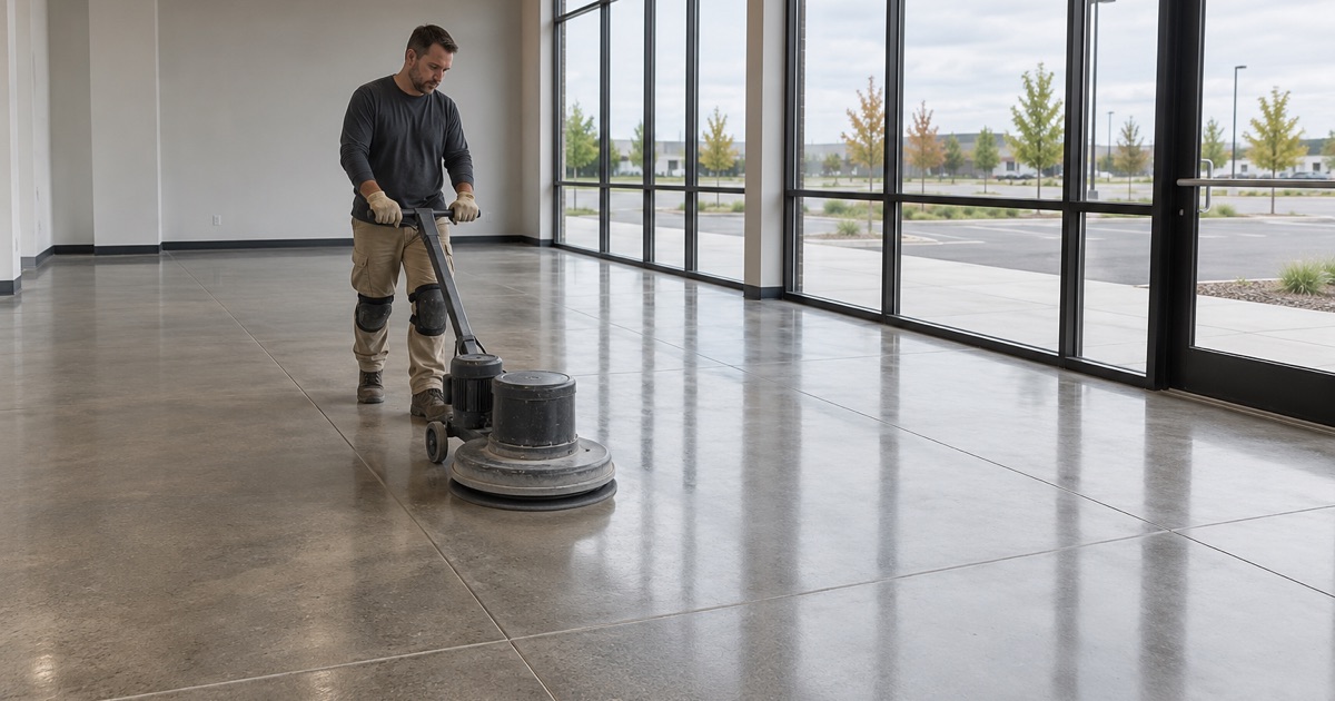 A high-speed burnisher bringing up the shine on a polished concrete floor in a new Janesville flex building.