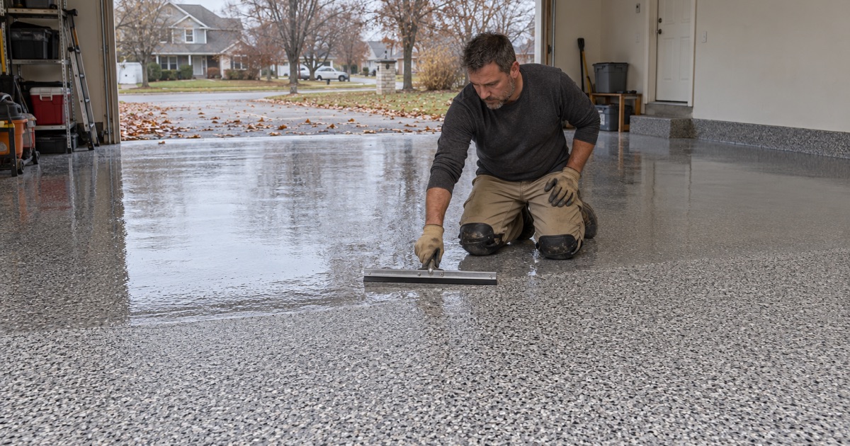 A clear polyaspartic topcoat pulled across a flake garage floor in Janesville on a cold late-autumn day.